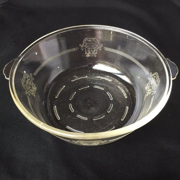 Glasbake Casserole Dish Clear Glass Serving Bowl Etched Crest Handles Vintage - Picture 1 of 12